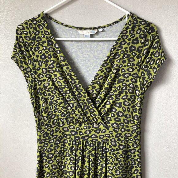 Boden Dress 6 Lime Green Leopard Print Stretchy Jersey Knit Knee Length Y2K - Picture 2 of 11